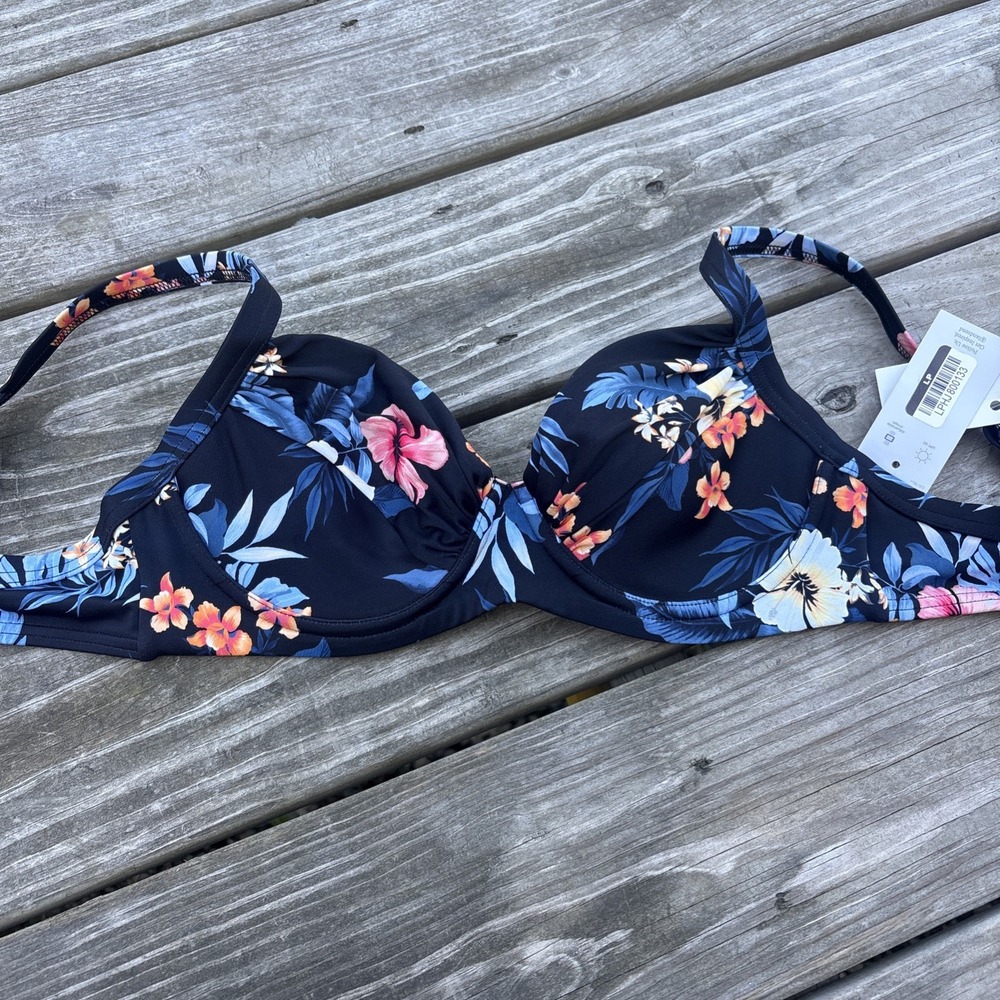 Lands' End Women's Retro Underwire Bikini Top - Black Floral SPF-50 Size 4